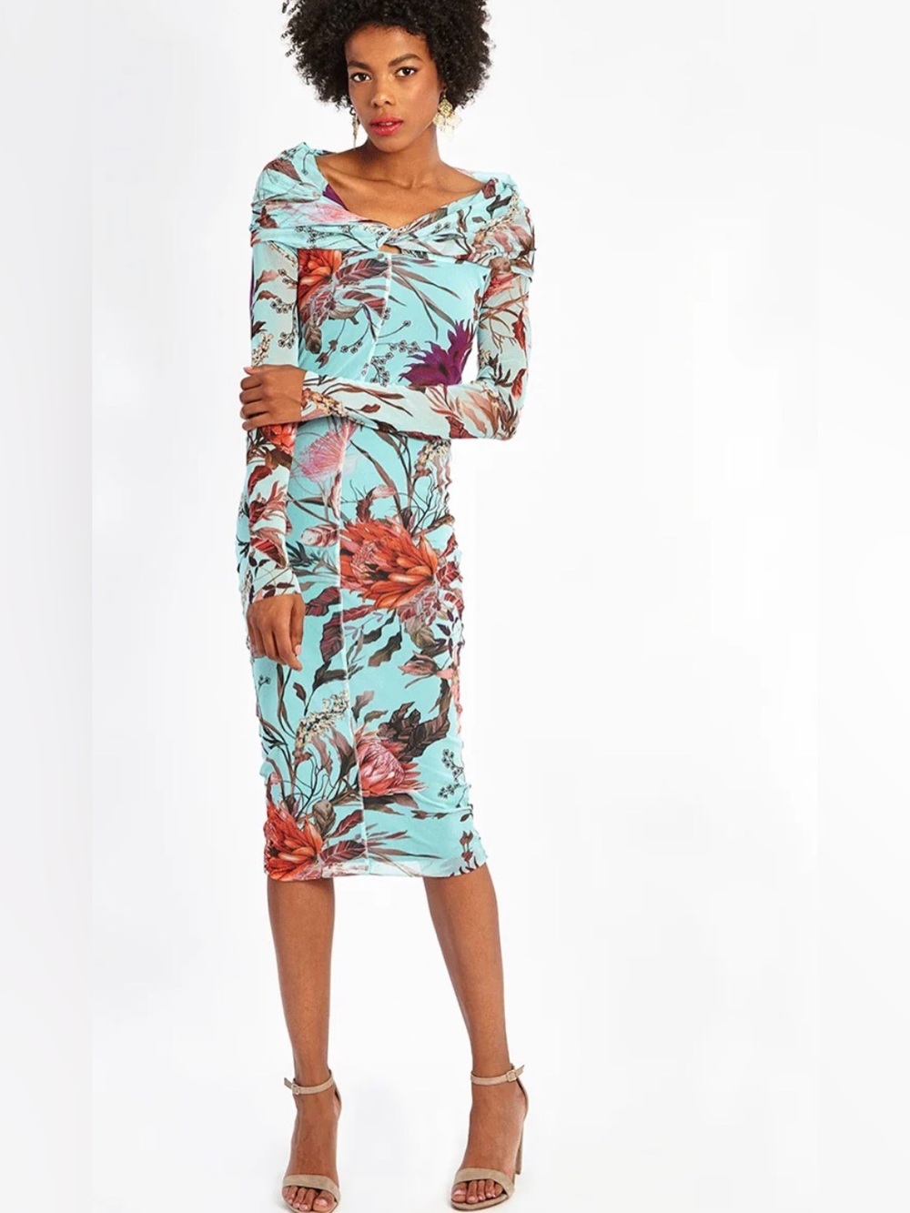 Fuzzi Floral Off-Shoulder Midi Dress in Aqua